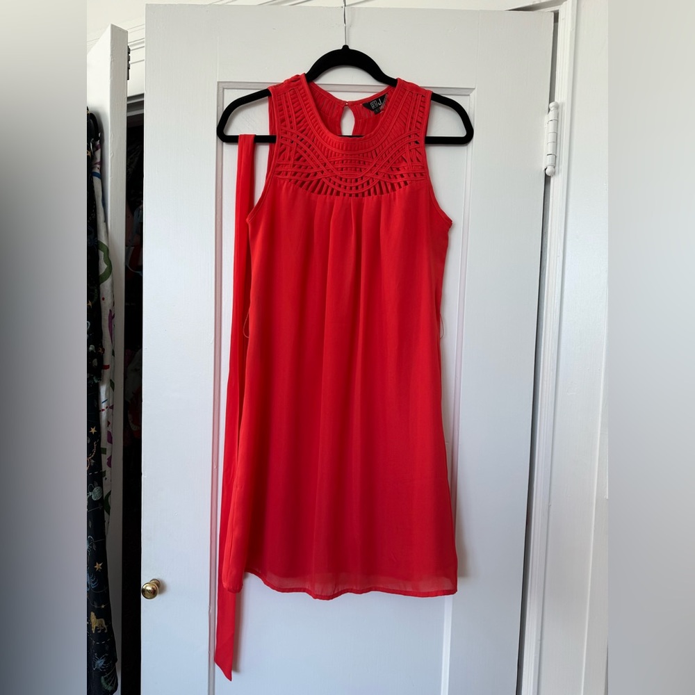 Coral sheath dress with matching belt